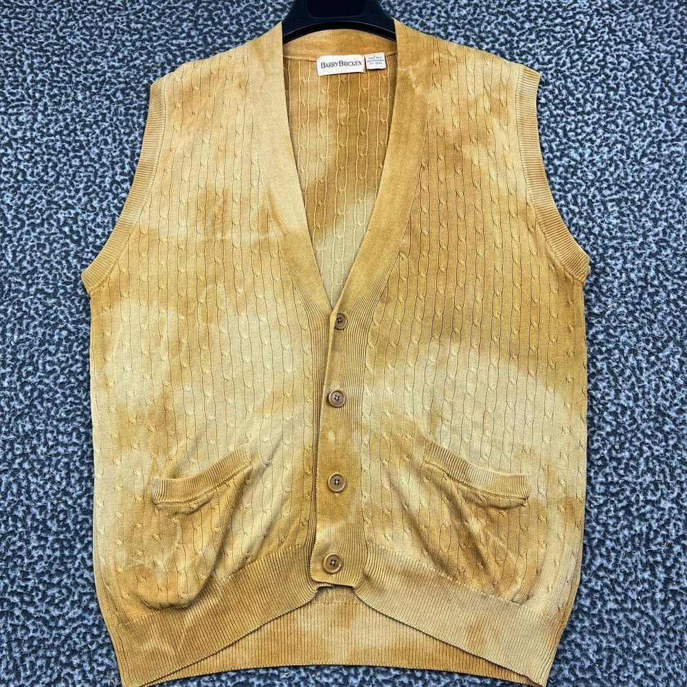 Barry Bricken Cardigan Vest Men Large Cable Knit Button Front Gold 100% Silk